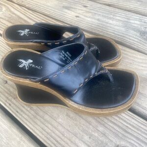 Xappeal Black and Tan Wedge Sandals